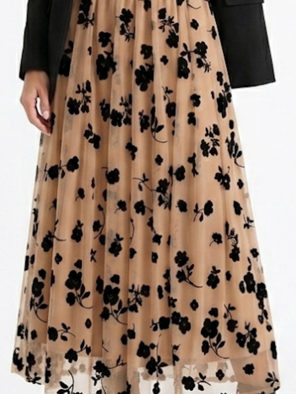 Chicwish Beige Mesh Maxi Skirt with Black Floral Velvet Appliqué - Picture 2 of 4